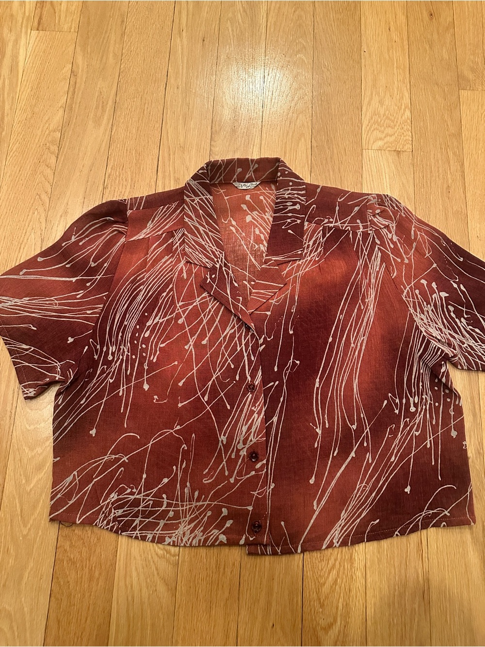 Vintage One of A Kind Abstract Rust Brown Button-Up Crop Top Large